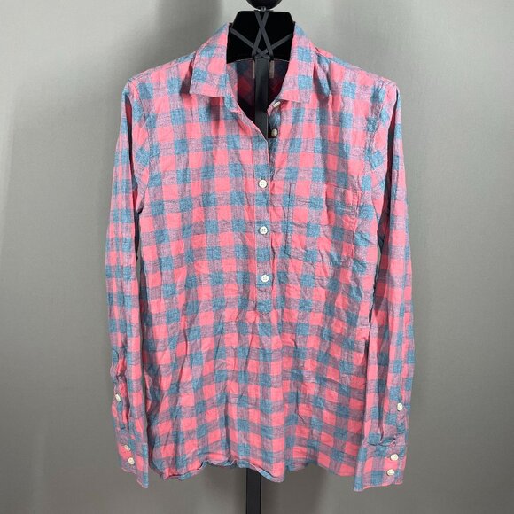 NEW J Crew Shirt Womens Small pink blue plaid henley casual button preppy - Picture 1 of 9